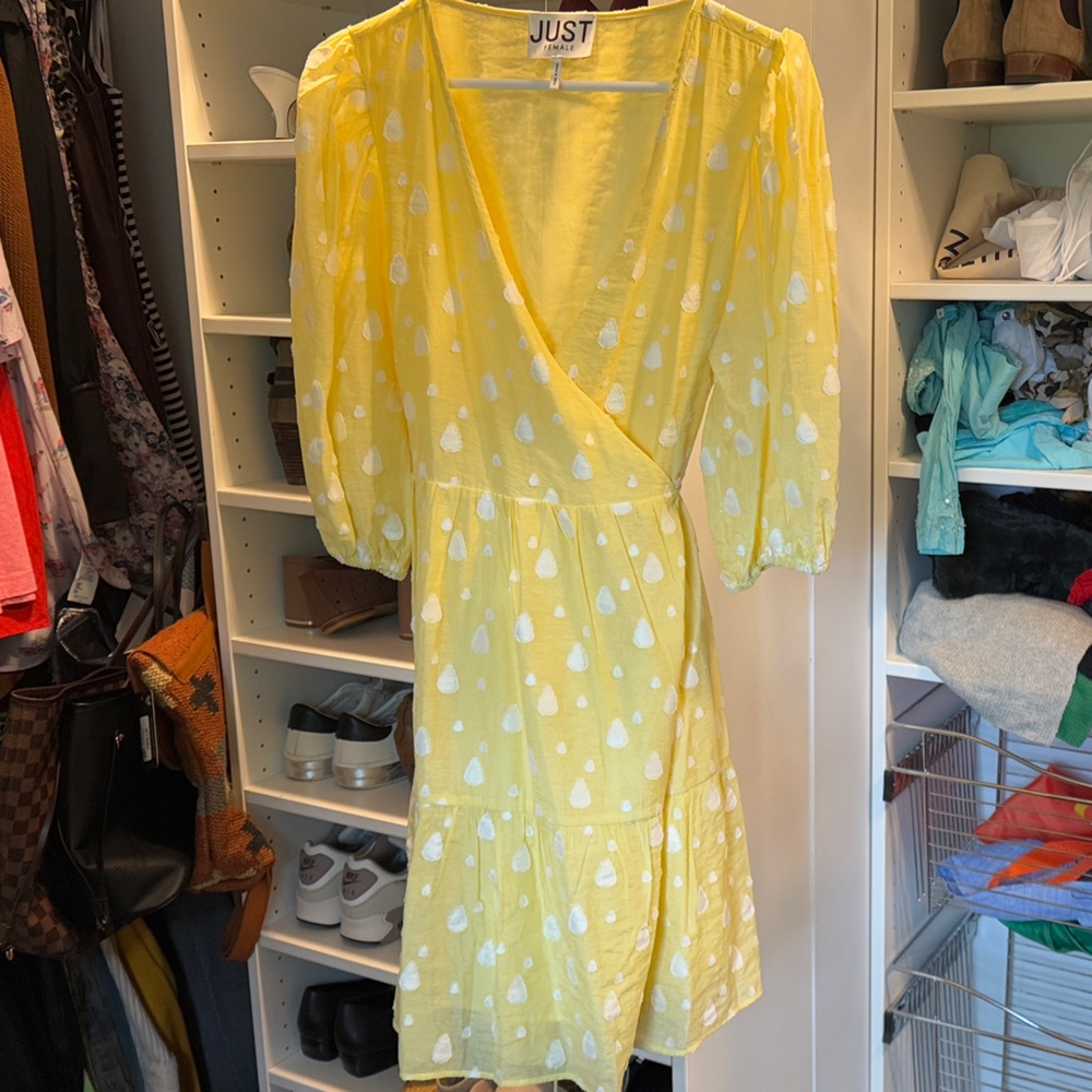 Just Female Yellow Wrap Dress with White Tear Drop Pattern
